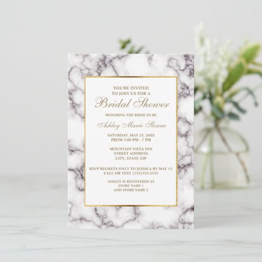 白エレガント灰色の大理石金ゴールドトリムブライダルシャワー 招待状 (スタンド正面)