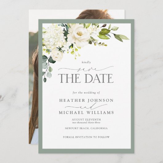白エレガント灰色の緑の水彩写真結婚の セーブザデート (正面/裏面)
