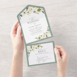 白エレガント灰色の緑の水色フローラ オールインワン招待状