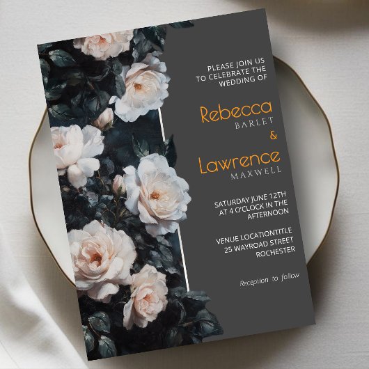 白エレガント灰色の花結婚式招待状 招待状
