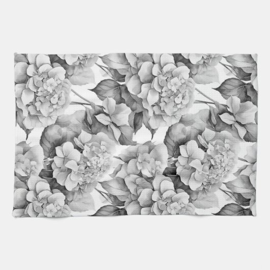 白エレガント灰色の黒フローラ水色 キッチンタオル (横)