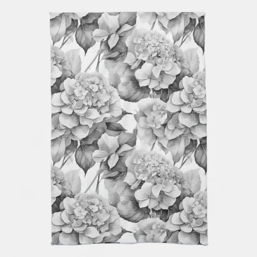 白エレガント灰色の黒フローラ水色 キッチンタオル (縦)