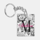 白エレガント灰色の黒フローラ水色 キーホルダー (正面左)