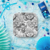 白エレガント灰色の黒フローラ水色 ペーパープレート (パーティー)