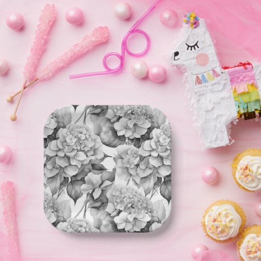 白エレガント灰色の黒フローラ水色 ペーパープレート (パーティー)