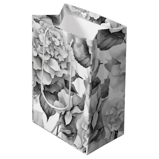 白エレガント灰色の黒フローラ水色 ミディアムペーパーバッグ (正面アングル)