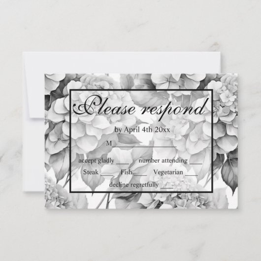 白エレガント灰色の黒フローラ水色 出欠カード (正面)