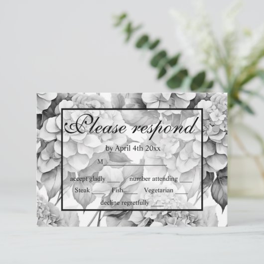 白エレガント灰色の黒フローラ水色 出欠カード (スタンド正面)