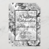 白エレガント灰色の黒フローラ水色 招待状 (正面/裏面)