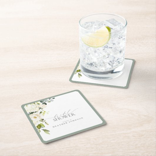白エレガント灰色グリーンウォーターブライダルシャワー スクエアペーパーコースター (インサイチュ)