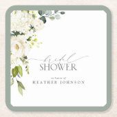 白エレガント灰色グリーンウォーターブライダルシャワー スクエアペーパーコースター (正面)