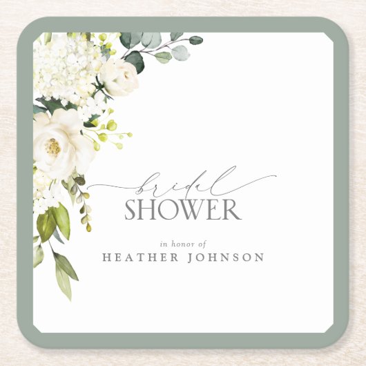 白エレガント灰色グリーンウォーターブライダルシャワー スクエアペーパーコースター (正面)
