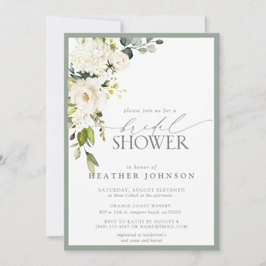 白エレガント灰色グリーンウォーターブライダルシャワー 招待状 (正面)