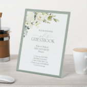 白エレガント灰色グリーンフローラフォトゲストブックページ 台座サイン (インサイチュ)