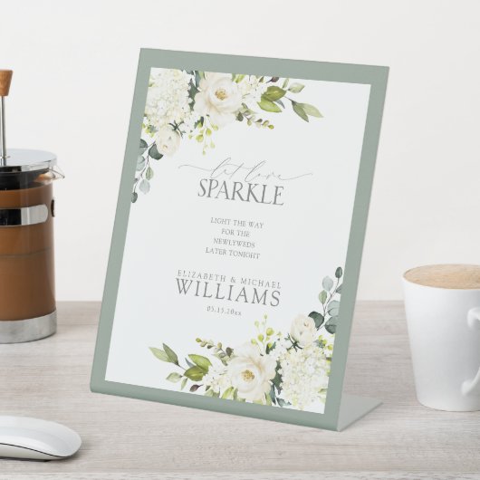 白エレガント灰色グリーンフローララブスパークル 台座サイン (インサイチュ)