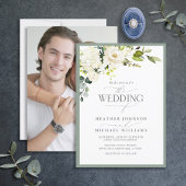 白エレガント灰色グリーンフローラ水彩写真 招待状