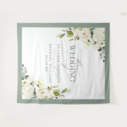 白エレガント灰色グリーンフローラ水色結婚の タペストリー (正面(横))