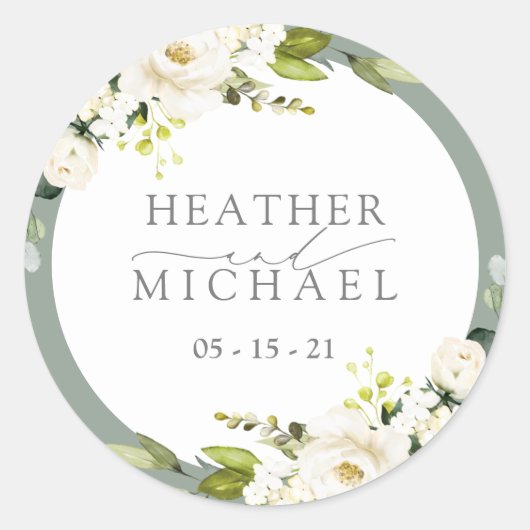 白エレガント灰色グリーンフローラ水色結婚の ラウンドシール (正面)