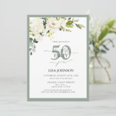 白エレガント灰色グリーンフローラ50誕生日 招待状 (スタンド正面)