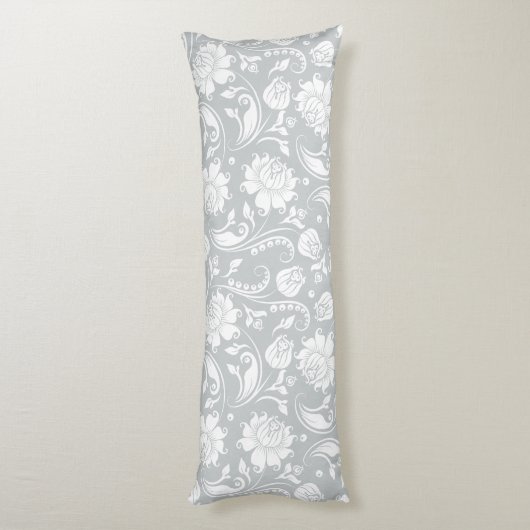 白エレガント灰色フローラダマスク ボディピロー (裏面 (縦))