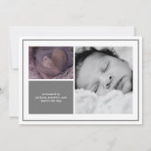 白エレガント灰色ベビー写真のお知らせ 案内状 (裏面)