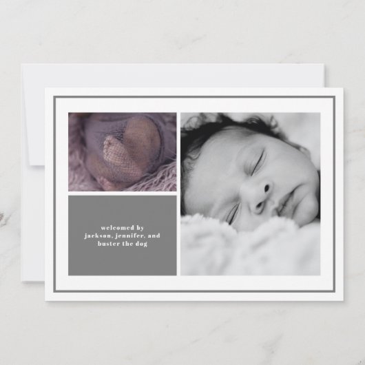 白エレガント灰色ベビー写真のお知らせ 案内状 (裏面)