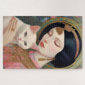 白エレガント猫とピンク色の女性アールヌーボー ジグソーパズル (横)