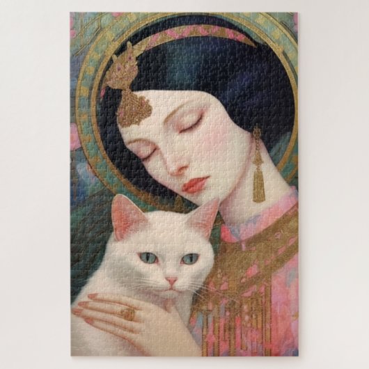 白エレガント猫とピンク色の女性アールヌーボー ジグソーパズル (縦)