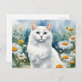 白エレガント猫の水彩花デイジー ポストカード (正面/裏面)