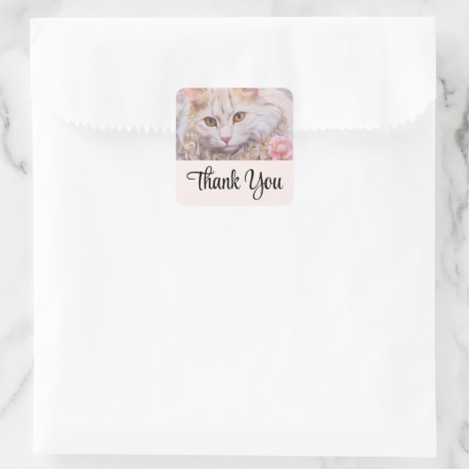 白エレガント猫の金ゴールドとダイヤモンドありがとう スクエアシール (バッグ)