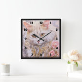 白エレガント猫の金ゴールドとダイヤモンド スクエア壁時計 (ホーム)