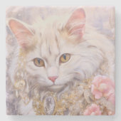 白エレガント猫の金ゴールドとダイヤモンド ストーンコースター (正面)