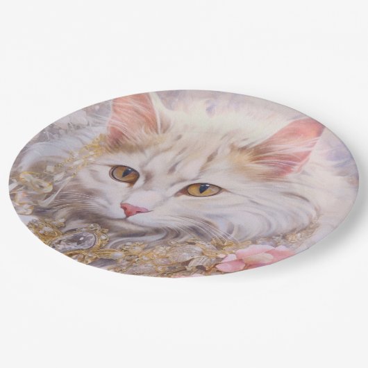 白エレガント猫の金ゴールドとダイヤモンド ペーパープレート (アングル)