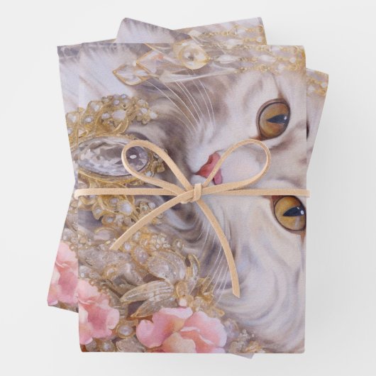 白エレガント猫の金ゴールドとダイヤモンド ラッピングペーパーシート (インサイチュ)