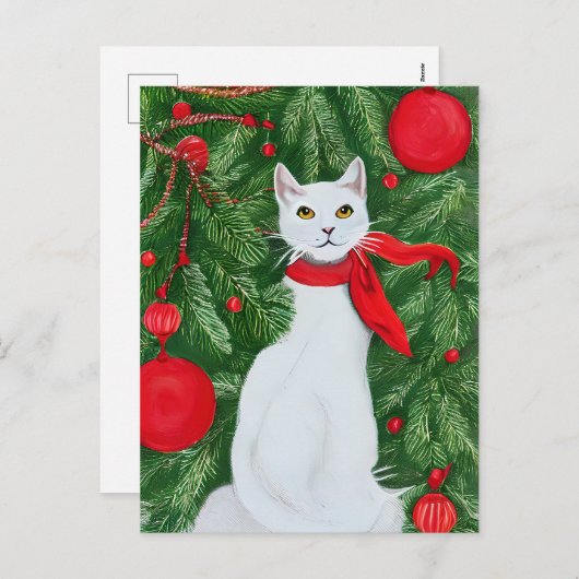 白エレガント猫クリスマス シーズンポストカード (正面/裏面)