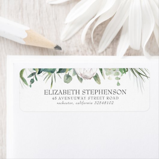 白エレガント王プロテアと熱帯緑 ラベル (インサイチュ)