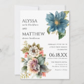 白エレガント珊瑚青色ピンクミント結婚フローラ 招待状 (正面)
