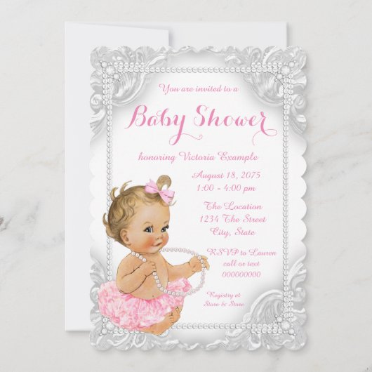 白エレガント真珠のベビーガールシャワー 招待状 (裏面)