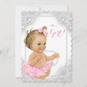 白エレガント真珠のベビーガールシャワー 招待状 (正面)