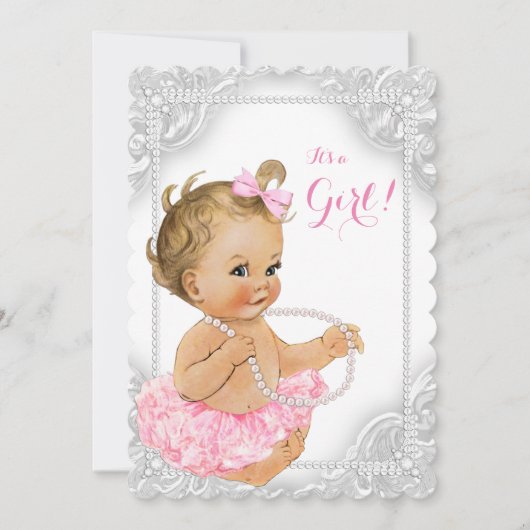 白エレガント真珠のベビーガールシャワー 招待状 (正面)