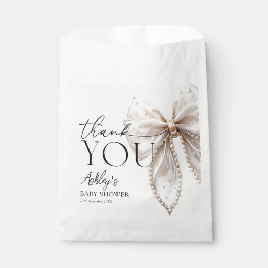 白エレガント真珠弓ベイビーシャワーありがとう フェイバーバッグ (正面)
