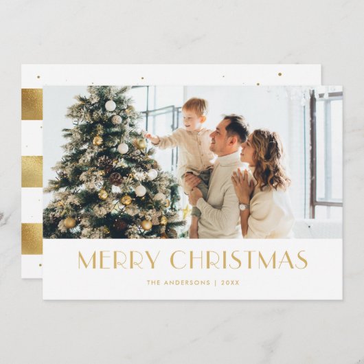 白エレガント箔と金箔の写真クリスマスカード シーズンカード (正面/裏面)