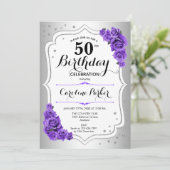 白エレガント紫シルバーフォト50誕生日 招待状 (スタンド正面)