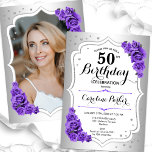 白エレガント紫シルバーフォト50誕生日 招待状<br><div class="desc">エレガントフローラ50歳の誕生日の招待状とカードの後ろの写真。グラムデザインフェイク銀。紫色のバラ、スクリプトフォント、紙吹雪を備えている。大人スタイリッシュのお祝いパーティーに最適。独自の詳細でパーソナライズどんなカスタマイズ年でもいい！印刷されたZazzle招待状または即時ダウンロードのデジタル印刷可能なテンプレート。</div>
