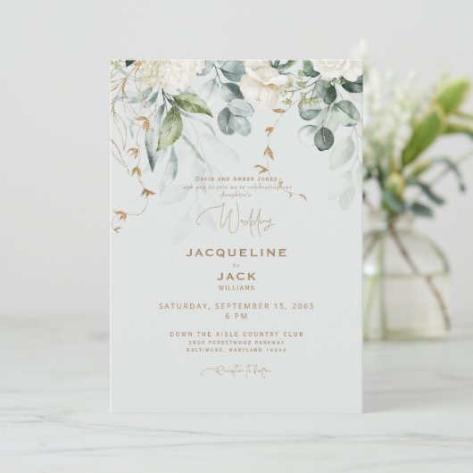 白エレガント紫陽花ライトセージ結婚のII 招待状 (スタンド正面)