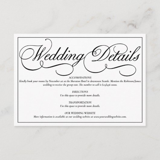 白エレガント結婚のフォーマル詳細カード エンクロージャーカード (正面)