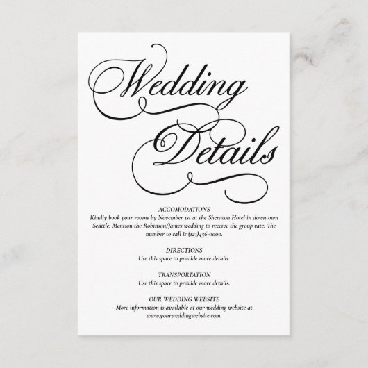 白エレガント結婚のフォーマル詳細カード エンクロージャーカード (正面)