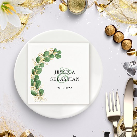 白エレガント緑と金ゴールドユーカリ結婚ス スタンダードカクテルナプキン
