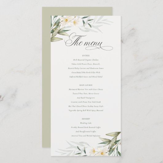 白エレガント緑のフローラ結婚のメニューカード サンキューカード (正面/裏面)