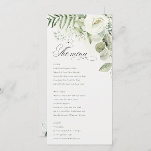 白エレガント緑のフローラ結婚のメニューカード サンキューカード (正面/裏面)